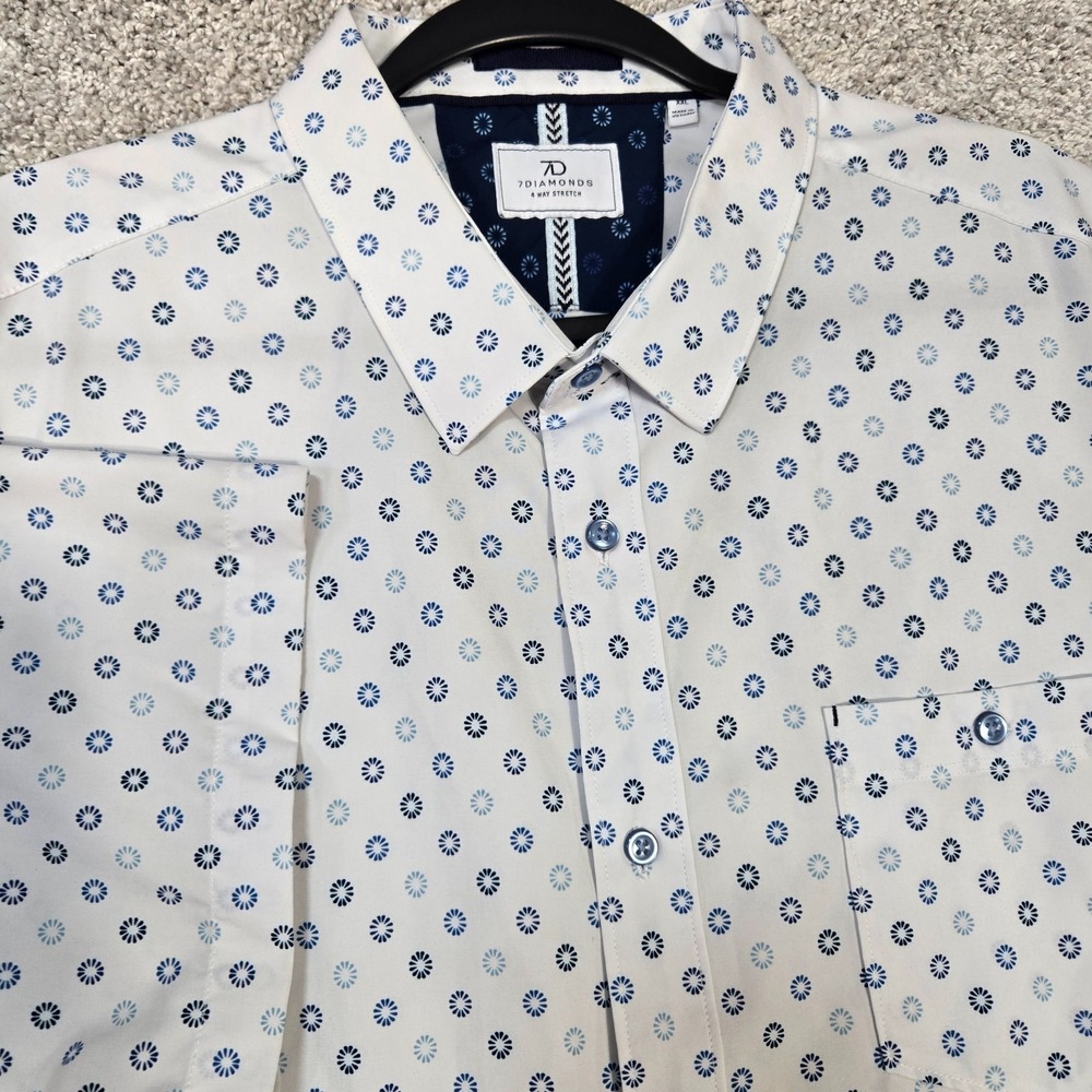 7D Diamonds Shirt Mens 2XL White Faroe Short Sleeve 4 Way Stretch Geometric